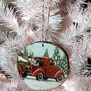 Hand Crafted Decoupage Wooden Christmas Ornament/Vintage Red Truck w/ Puppies
